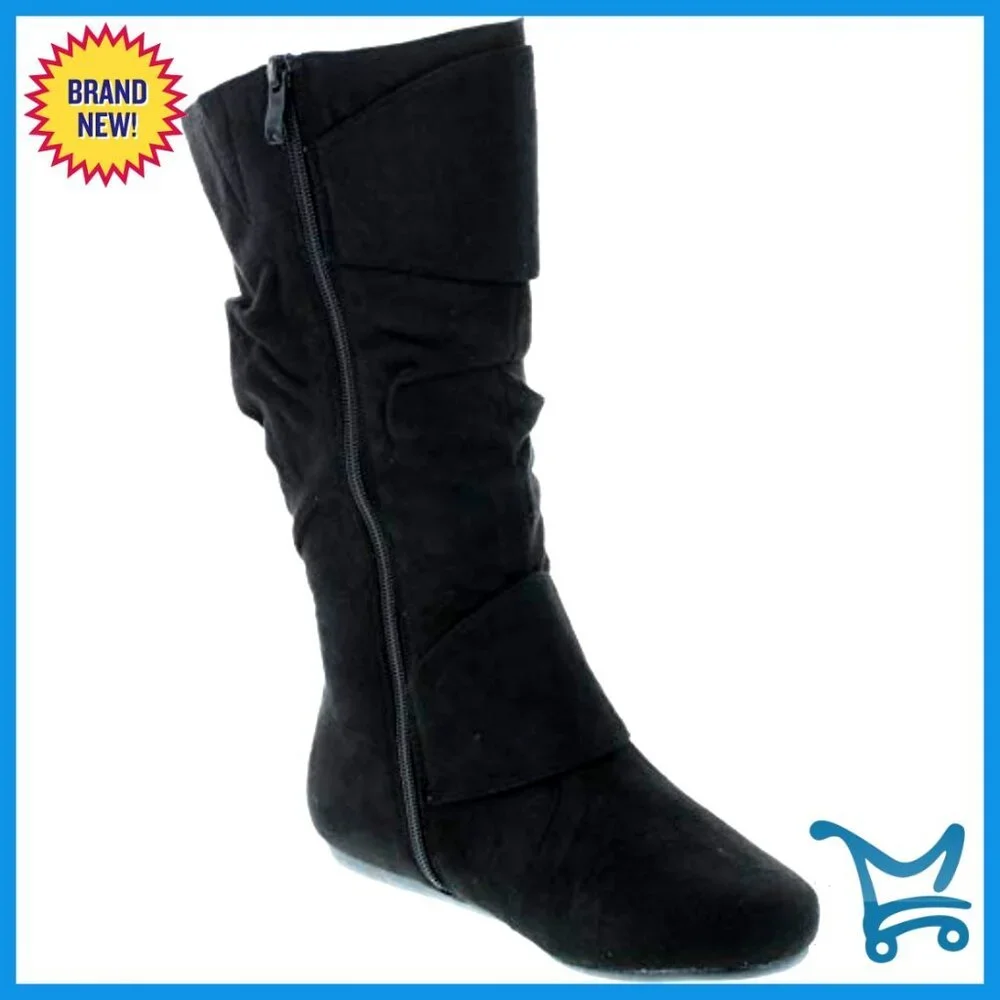 Slouch Mid-Calf Boots with Buckle Closure, Slip-On Zip, Non-Skid Sole